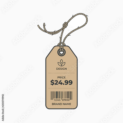 A brown paper price tag with a string, displaying '$24.99', a barcode, 'BRAND NAME', and a leaf design, against a white background.