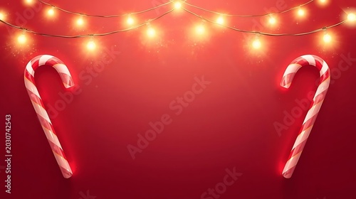 Glowing candy canes with string lights on red background, Christmas decoration