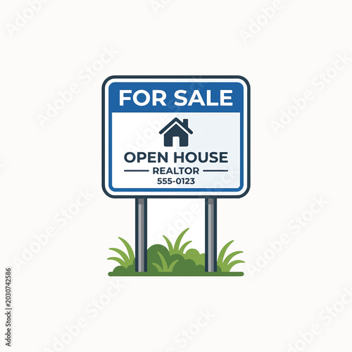 A flat illustration of a white and blue 'For Sale' and 'Open House' sign with a house icon, 'Realtor', and a phone number, standing in green grass.