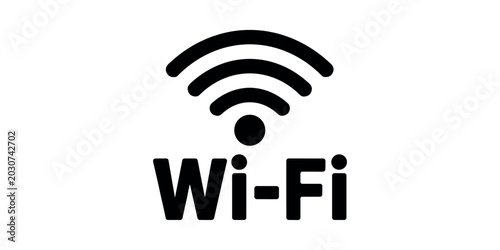 Black Wi- Fi symbol and text on white background Wi-Fi wireless internet network connectivity