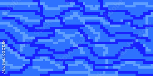 Blue water surface background with pixel art.