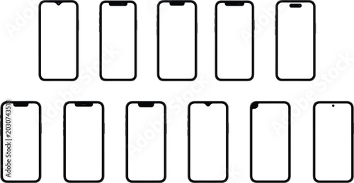 Foto Set of smartphone front outline designs showing different notch, punch-hole, and