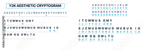 Tablou pe pânză Aesthetic cryptogram with blue text and symbols on white background