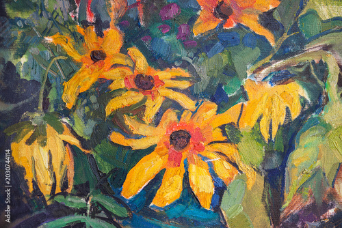 Bild auf Leinwand Vibrant oil painting of yellow garden flowers, expressive impasto floral artwork
