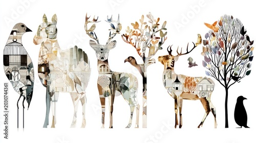Whimsical Woodland Creatures and Birds Collage Art.
