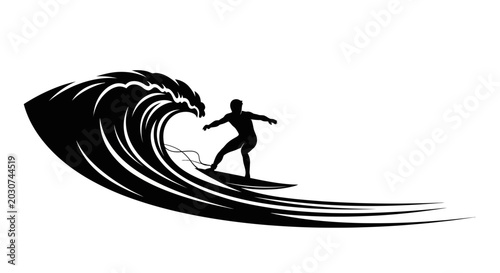 Black silhouette of a surfer riding a big ocean wave.