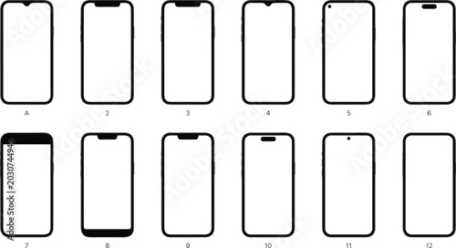 Foto Collection of smartphone front designs showing various notch, punch-hole, and be