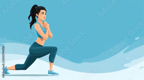 Young Woman Performing a Lunging Exercise in a Winter Landscape.