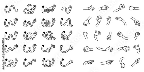 Cartoon arm set, vintage rubber hose character limbs. Flexible plastic pipe with cartoon character hands. Vector illustration.