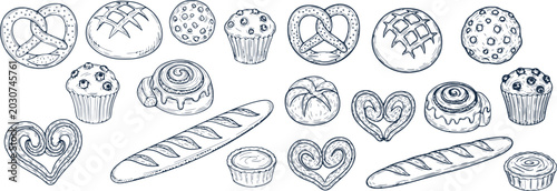 Bakery collection of fresh bread and pastries in hand drawn sketch style for menu design and culinary advertisements