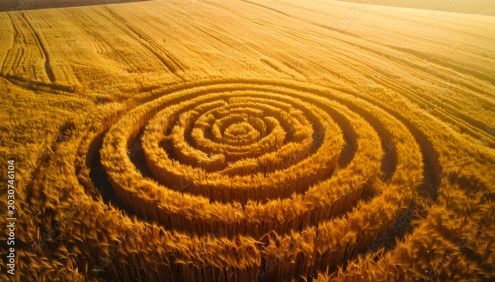 Naklejka premium Golden wheat field featuring a mysterious spiral crop circle pattern