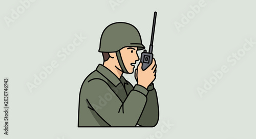 Soldier in green uniform using radio.