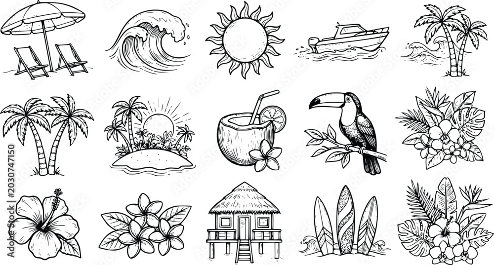 Obraz premium Tropical island vacation icons set including palm trees, surfboards, and cocktails