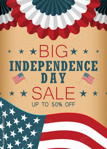 4th of July Independence Day big sale vector vertical banner. Vintage background with USA flag, bunting, and stars. Discount offer poster template for retail promotion and advertising.