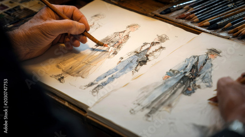 Artist's hand sketching fashion designs in a notebook, with watercolor illustrations of various clothing styles and brushes scattered on a wooden table