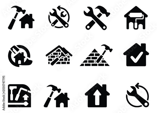 Slika na platnu Renovation icon set in multiple styles for home improvement, repair, construction, tools, and remodeling projects