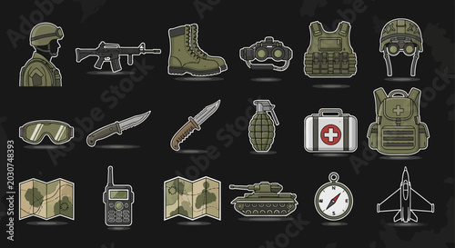 Military equipment and gear icons set.