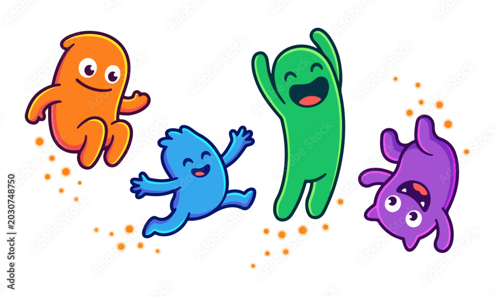 Naklejka premium Colorful Monster Characters Jumping and Playing on White Background