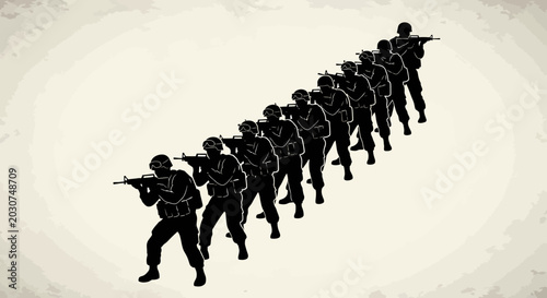 Soldiers in formation with guns.
