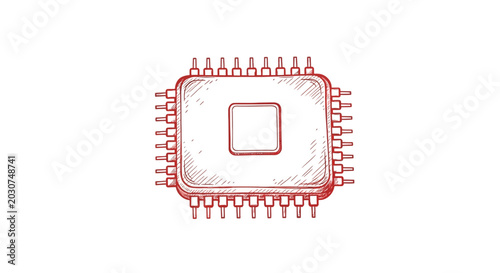 Bilde på lerret Red hand drawn sketch of a computer microprocessor chip on a white background