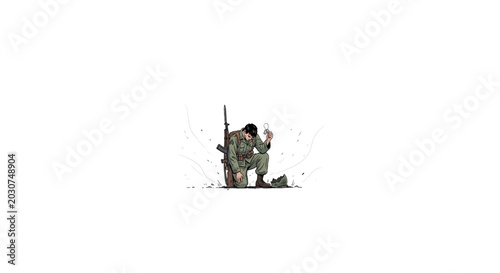 Photos Soldier in camouflage uniform kneeling with rifle in snowy environment