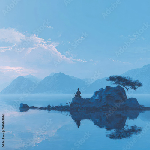 Serene landscape featuring a person meditating on a rock by a calm lake, surrounded by mountains and a clear blue sky with soft clouds