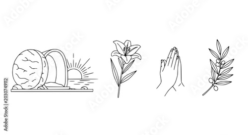 Schilderij op canvas Easter Symbols: Empty Tomb, Lily, Praying Hands, Olive Branch - Line Art Icons