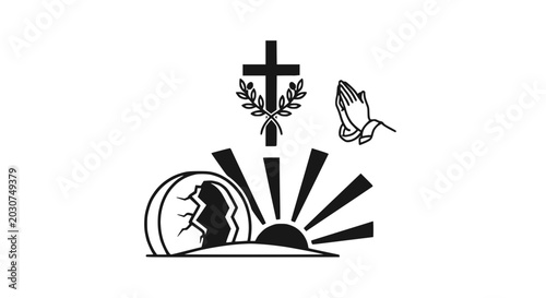 Tableau sur toile Resurrection Symbol: Cross, Tomb, Sunrise, Praying Hands, Olive Branch - Religio