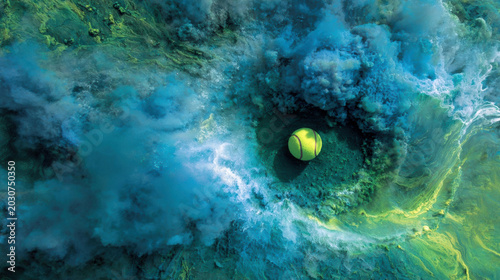 Tennis ball floating in vibrant blue and green abstract smoke, creating a dynamic and colorful visual effect against a dark background