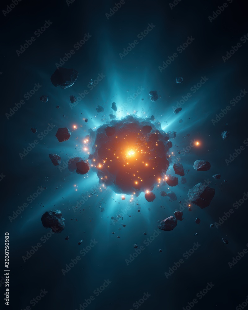 Fototapeta premium Asteroid Explosion with Glowing Energy Core in Dark Deep Space Background.