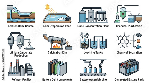 Industrial Process Icons Set for Manufacturing and Energy Production.