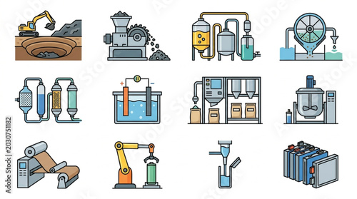 Industrial Process Icons Set Manufacturing Technology Equipment.