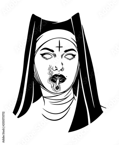 Fotografía Edgy smoking nun with cross on forehead tattoo design