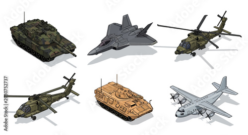 Military toy aircraft and tanks.