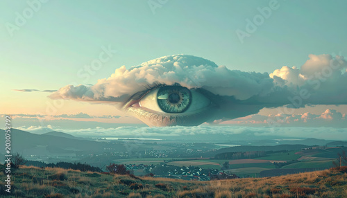 Giant eye emerging from clouds surveys a vast landscape below with village in distance