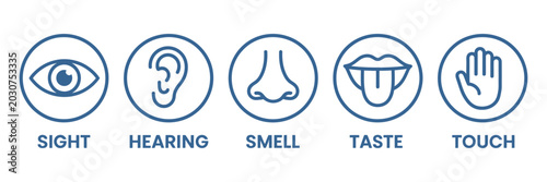 Obraz na płótnie Five human senses icon set with editable stroke outline featuring ear, eye, nose, lips, and hand symbols