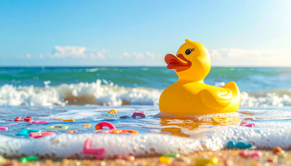 Giant Yellow Rubber Duck Floats Playfully in Alphabet Soup by the Sunny Beach Ocean Waves