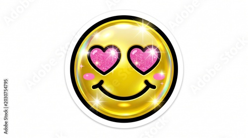 Cute Y2K style smiley face sticker with pink glitter heart eyes, shiny gold glossy emoji with sparkles, playful romantic emoticon icon isolated on white background