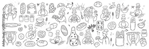 Hand drawn bakery doodles male and female bakers in aprons kneading dough, holding baguettes, croissants, pretzels, and kitchen utensils.