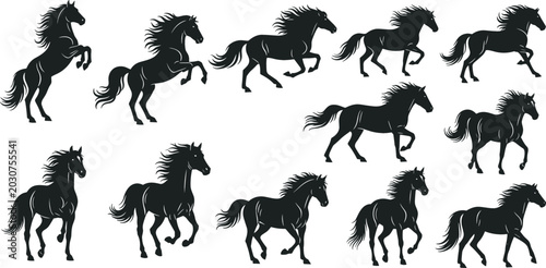 Tableau sur toile Running Horse Silhouette Vector Icon Set with Wild Stallion Galloping and Rearin