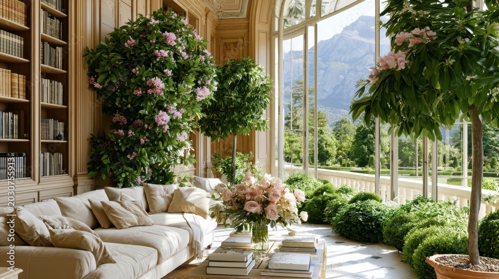 Fototapeta premium Elegant sunroom with blooming plants and mountain views
