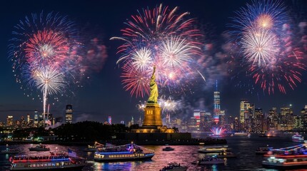 Statue of Liberty illuminated by fireworks over New York City harbor at night