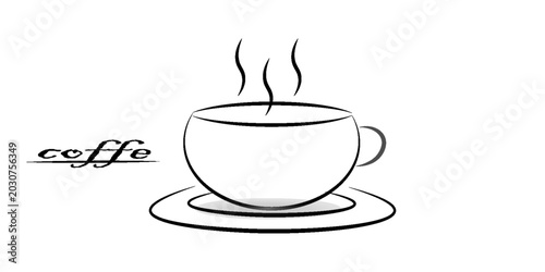Obraz na płótnie Minimalist line art illustration of a steaming coffee cup on a saucer with coffe text