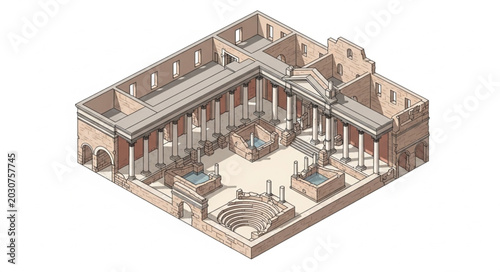 Cuadro en lienzo Isometric architectural drawing of a classical building interior.