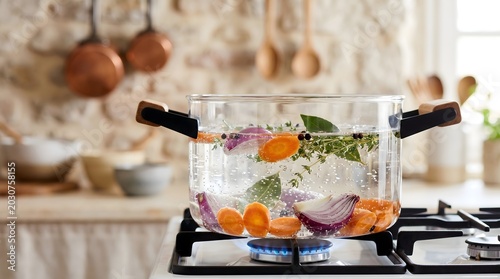 Vegetables simmering in glass pot on stove, Fresh homemade vegetable broth cooking process, Boiling water with carrots and onions in transparent pot