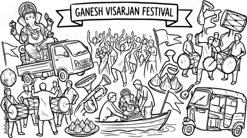 Foto Ganesh Visarjan Festival Black White Line Art Illustration