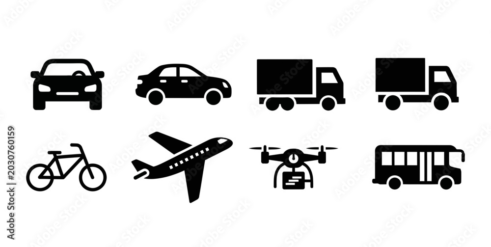 Fototapeta premium Transportation Icons: Car, Truck, Bus, Airplane, Drone, Bicycle, Vector Set