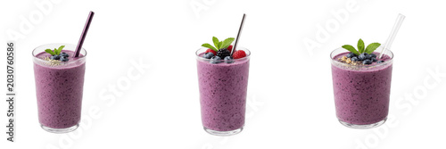 Purple berry smoothies in clear glasses isolated on white, healthy breakfast drink collection with blueberries, mint and straws for cafe menus, blogs and wellness branding

