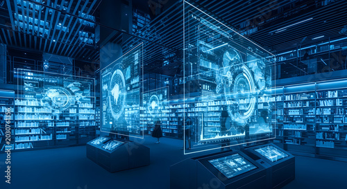 Immersive futuristic digital library interior showcasing advanced holographic data visualizations and interactive artificial intelligence interfaces within a vibrant blue, high-tech environment