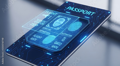 Futuristic Digital Passport Concept with Biometric Security and Identification Technology for Modern Travel and Border Control on a Mobile Device